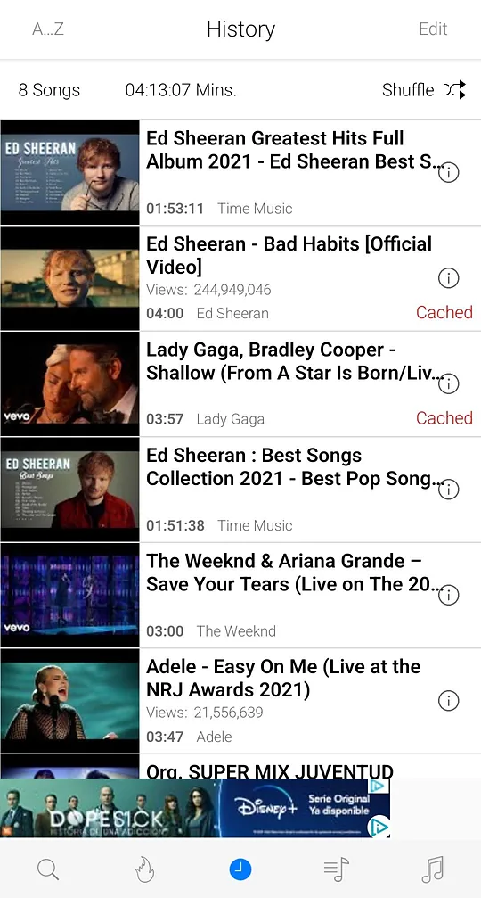 iTube Android history screen listing downloaded and cached songs and videos for offline playback