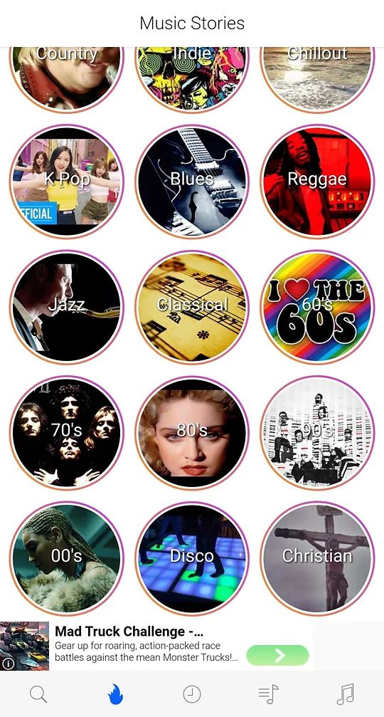 iTube Music Stories genre list including Jazz, Classical, Reggae, K-Pop, Disco and the 60s to 00s