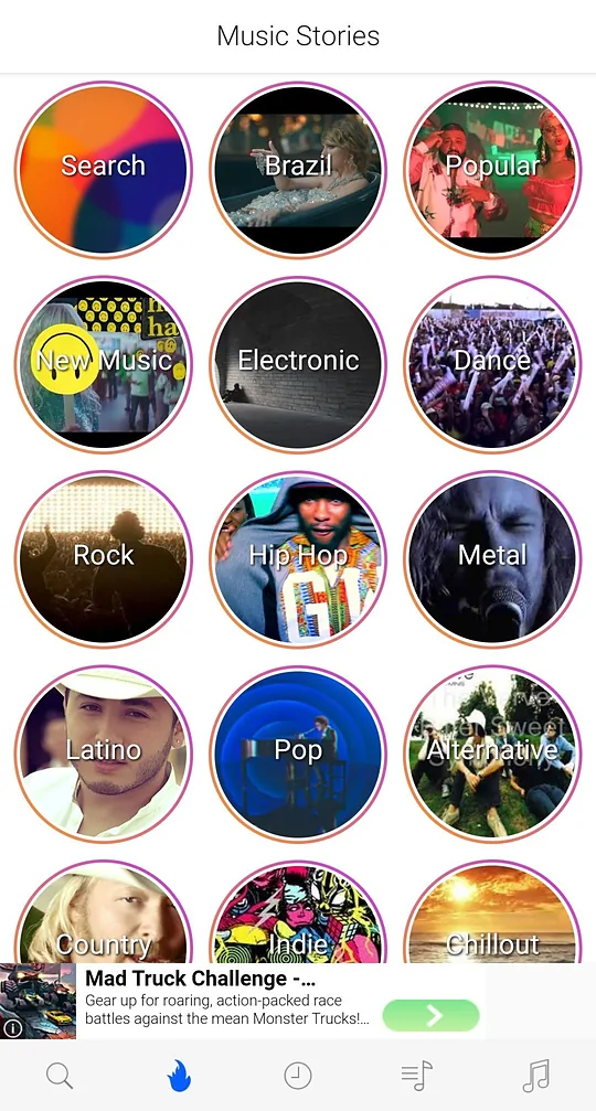 iTube Music Stories screen with round genre buttons such as Rock, Hip Hop, Pop and Electronic