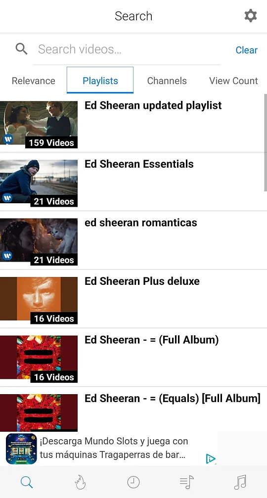 iTube search screen showing YouTube playlist results with relevance, playlists and channels filters